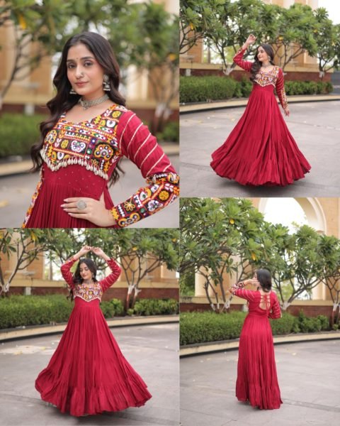 Sophisticated Maroon Rayon Gown with Mukaish Gamthi Embroidery and Mirror Work Anarkali Kurtis 