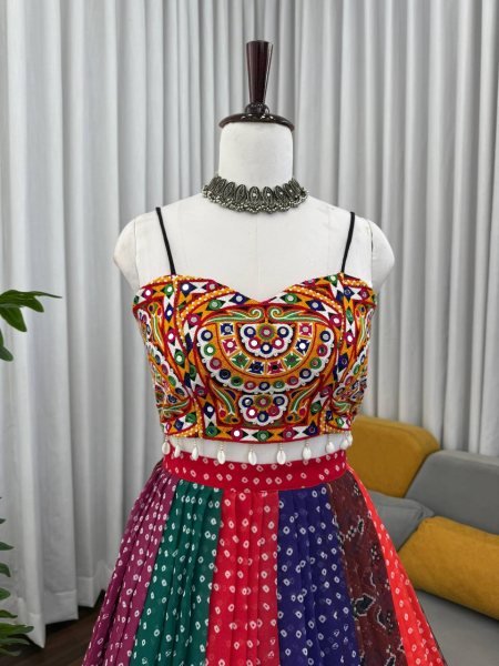 Sophisticated Multi Faux Georgette Digital Print Lehenga with Gamthi Mirror Work Blouse Navratri Lehnega Choli