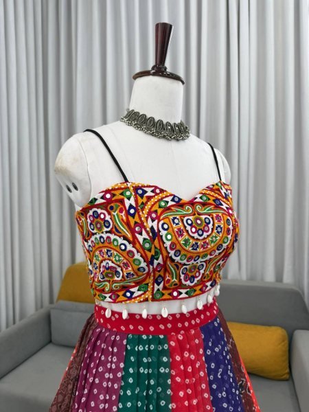 Sophisticated Multi Faux Georgette Digital Print Lehenga with Gamthi Mirror Work Blouse Navratri Lehnega Choli