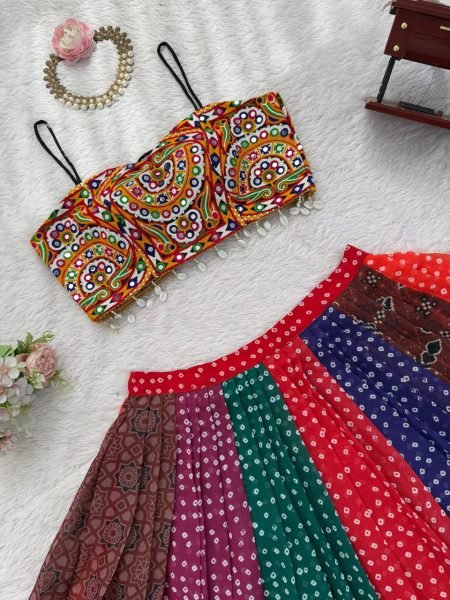 Sophisticated Multi Faux Georgette Digital Print Lehenga with Gamthi Mirror Work Blouse Navratri Lehnega Choli