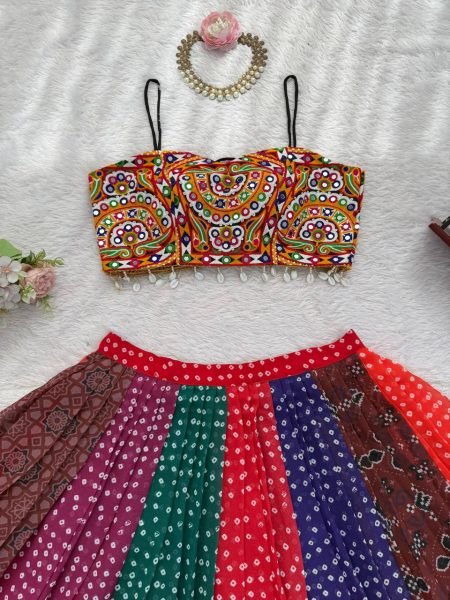 Sophisticated Multi Faux Georgette Digital Print Lehenga with Gamthi Mirror Work Blouse Navratri Lehnega Choli