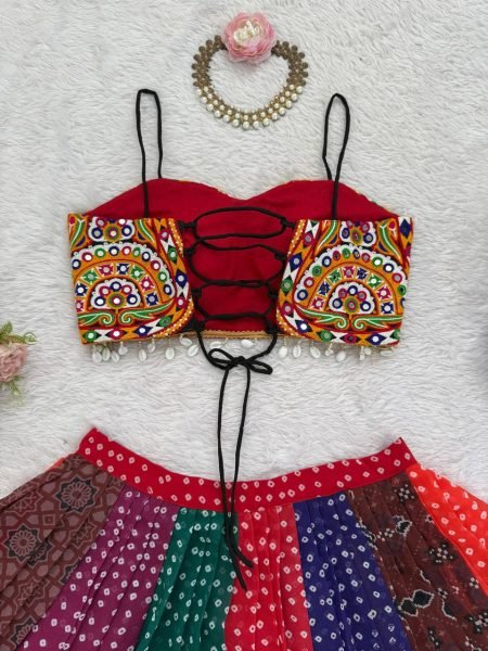 Sophisticated Multi Faux Georgette Digital Print Lehenga with Gamthi Mirror Work Blouse Navratri Lehnega Choli