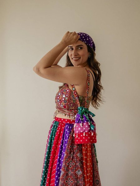 Sophisticated Multi Faux Georgette Digital Print Lehenga with Gamthi Mirror Work Blouse Navratri Lehnega Choli