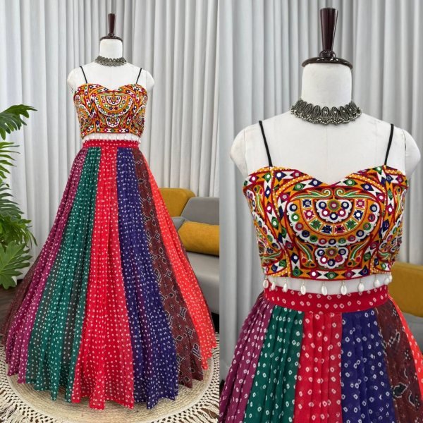 Sophisticated Multi Faux Georgette Digital Print Lehenga with Gamthi Mirror Work Blouse Navratri Lehnega Choli