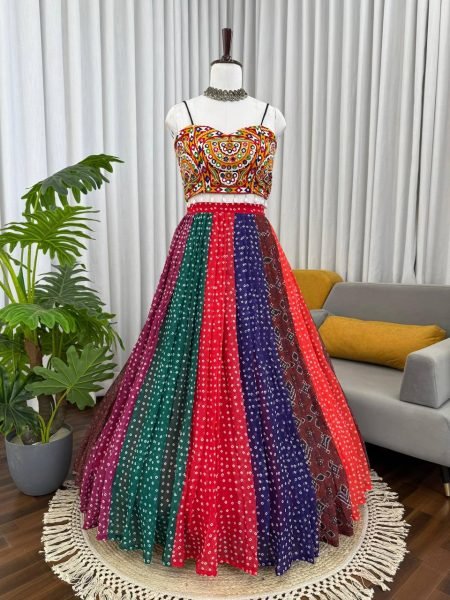 Sophisticated Multi Faux Georgette Digital Print Lehenga with Gamthi Mirror Work Blouse Navratri Lehnega Choli