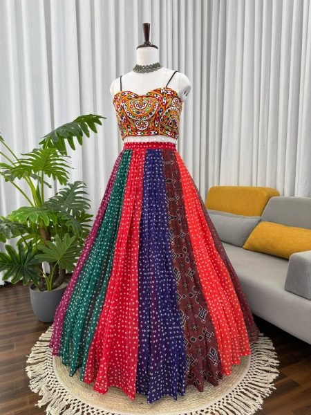 Sophisticated Multi Faux Georgette Digital Print Lehenga with Gamthi Mirror Work Blouse Navratri Lehnega Choli