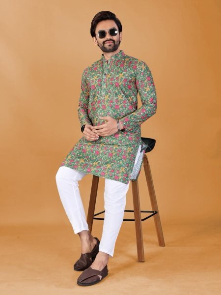 Sophisticated Multicolor Floral Print Cotton Silk Straight Kurta for Men  Kurta Pajama Wholesale