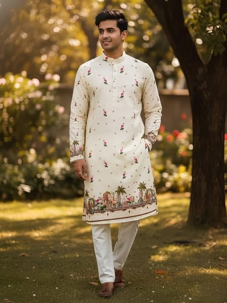 Sophisticated Off White Cotton Crochet Kurta Pajama Set for Festive and Traditional Wear Mens Wear