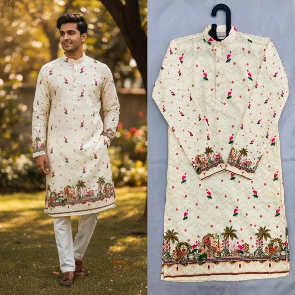 Sophisticated Off White Cotton Crochet Kurta Pajama Set for Festive and Traditional Wear Kurta Pajama Wholesale