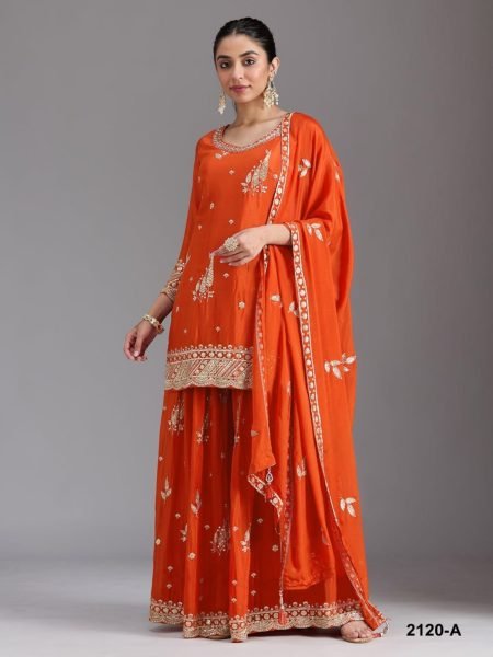 Sophisticated Orange Heavy Chinon Silk Sequence Top Bottom Dupatta Set at Wholesale Rate 