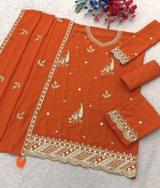 Sophisticated Orange Heavy Chinon Silk Sequence Top Bottom Dupatta Set at Wholesale Rate Designer Plazzo Salwar Suits Wholesale
