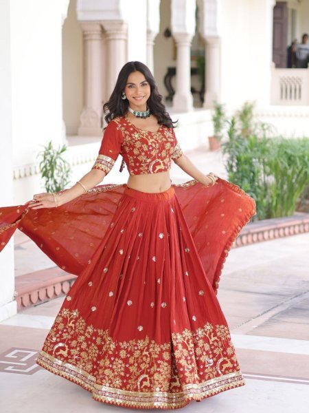 Sophisticated Orange Vichitra Silk Embroidered Lehenga Set Wedding Wear  Lehenga