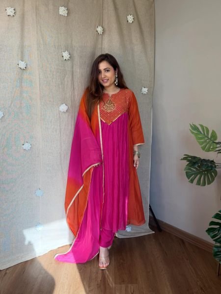 Sophisticated Pink and Orange Mal Chanderi Anarkali Kurta Pant Dupatta Set Kurtis