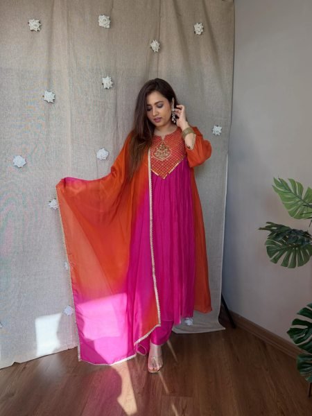Sophisticated Pink and Orange Mal Chanderi Anarkali Kurta Pant Dupatta Set Anarkali Kurtis 