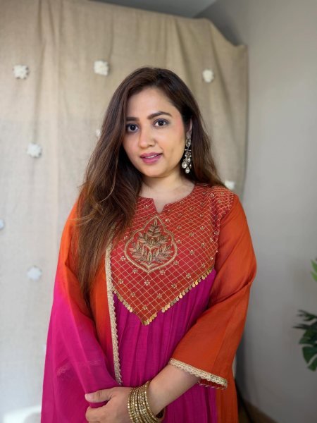Sophisticated Pink and Orange Mal Chanderi Anarkali Kurta Pant Dupatta Set Anarkali Kurtis 