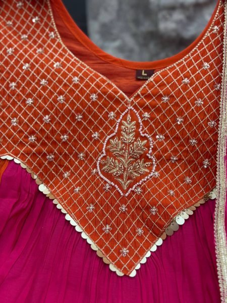 Sophisticated Pink and Orange Mal Chanderi Anarkali Kurta Pant Dupatta Set Anarkali Kurtis 