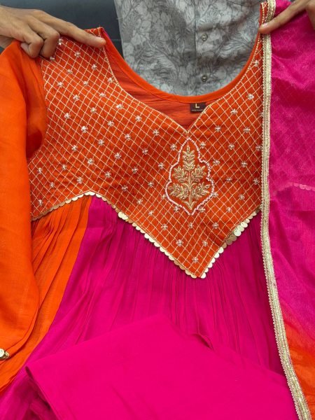 Sophisticated Pink and Orange Mal Chanderi Anarkali Kurta Pant Dupatta Set Anarkali Kurtis 