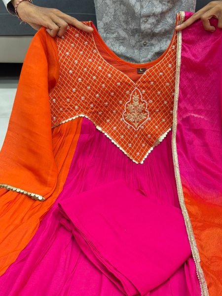 Sophisticated Pink and Orange Mal Chanderi Anarkali Kurta Pant Dupatta Set Anarkali Kurtis 