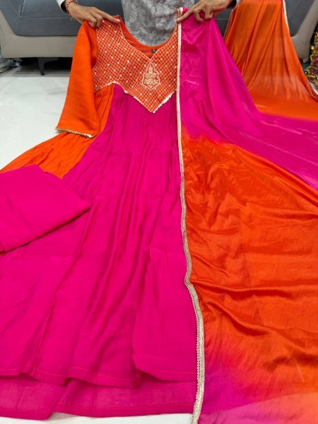 Sophisticated Pink and Orange Mal Chanderi Anarkali Kurta Pant Dupatta Set Anarkali Kurtis 