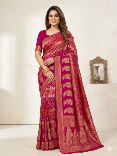 Sophisticated Pink Bandhani Dola Silk Saree with Zari Weaving and Jaipuri Pallu Sarees 