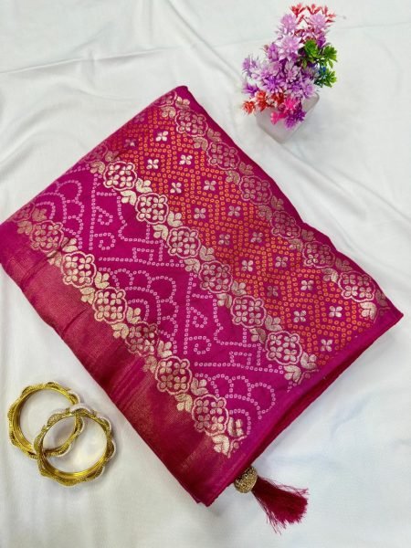 Sophisticated Pink Bandhani Dola Silk Saree with Zari Weaving and Jaipuri Pallu Bandhej Sarees Wholesale