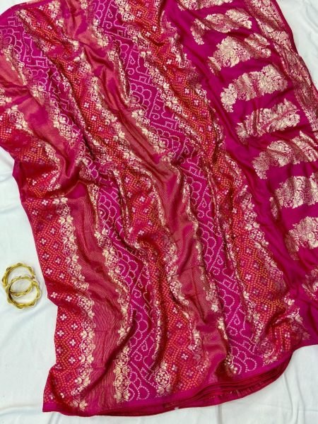 Sophisticated Pink Bandhani Dola Silk Saree with Zari Weaving and Jaipuri Pallu Bandhej Sarees Wholesale