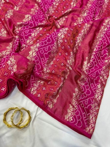 Sophisticated Pink Bandhani Dola Silk Saree with Zari Weaving and Jaipuri Pallu Bandhej Sarees Wholesale