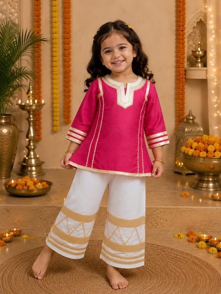 Sophisticated Pink Designer Girls Cotton Blend Palazzo Suit Set at Wholesale Rate Kurtis