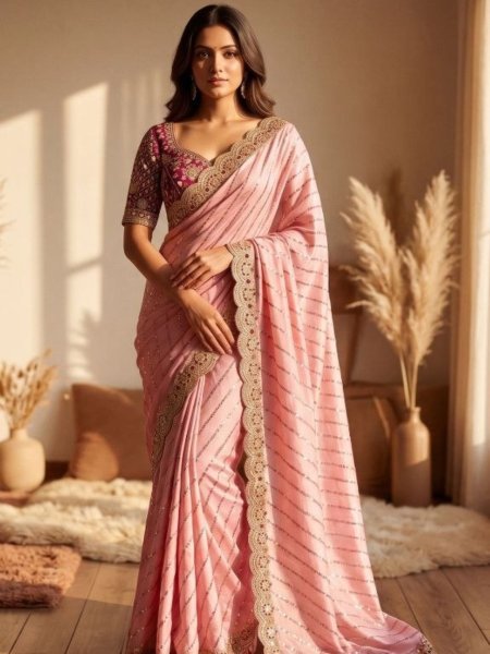 Sophisticated Pink Designer Space Silk Saree with Full Stitch Blouse For Festival Collection 