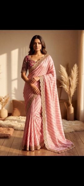 Sophisticated Pink Designer Space Silk Saree with Full Stitch Blouse For Festival Collection Designer Wedding Sarees Wholesale