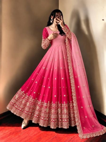 Sophisticated Pink Georgette Embroidered Gown Pant Dupatta Set for Festival 