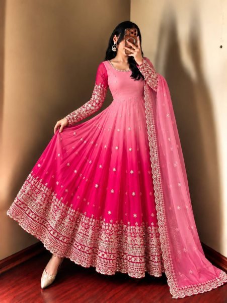 Sophisticated Pink Georgette Embroidered Gown Pant Dupatta Set for Festival Ready To Wear Collection