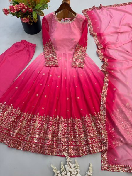 Sophisticated Pink Georgette Embroidered Gown Pant Dupatta Set for Festival Ready To Wear Collection