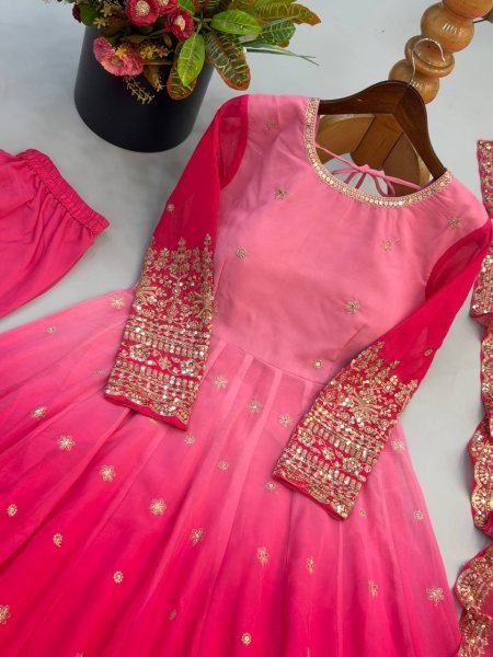 Sophisticated Pink Georgette Embroidered Gown Pant Dupatta Set for Festival Ready To Wear Collection