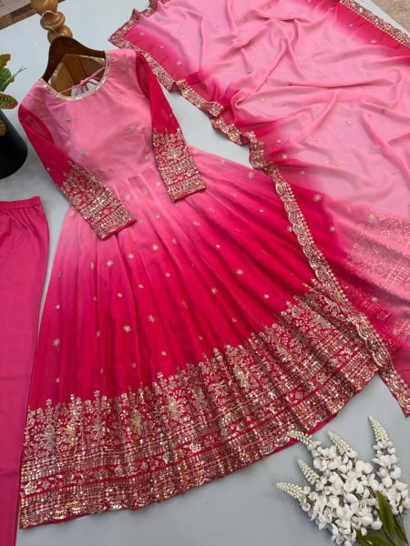 Sophisticated Pink Georgette Embroidered Gown Pant Dupatta Set for Festival Ready To Wear Collection
