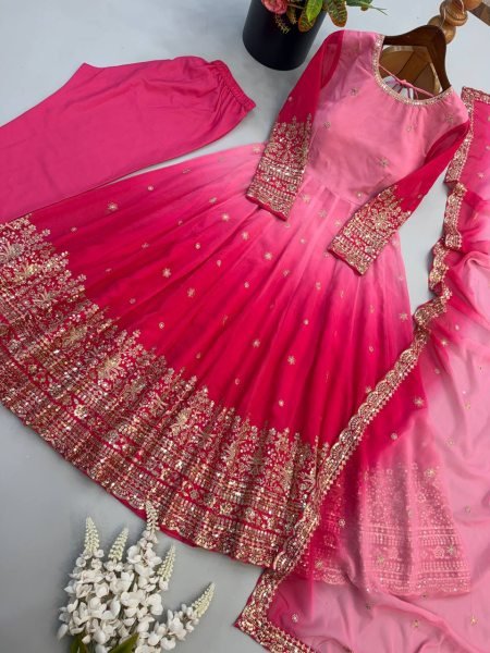 Sophisticated Pink Georgette Embroidered Gown Pant Dupatta Set for Festival Ready To Wear Collection