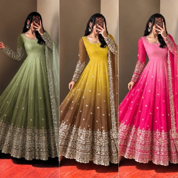 Sophisticated Pink Georgette Embroidered Gown Pant Dupatta Set for Festival Ready To Wear Collection