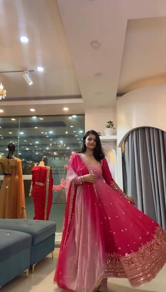Sophisticated Pink Georgette Embroidered Gown Pant Dupatta Set for Festival Ready To Wear Collection