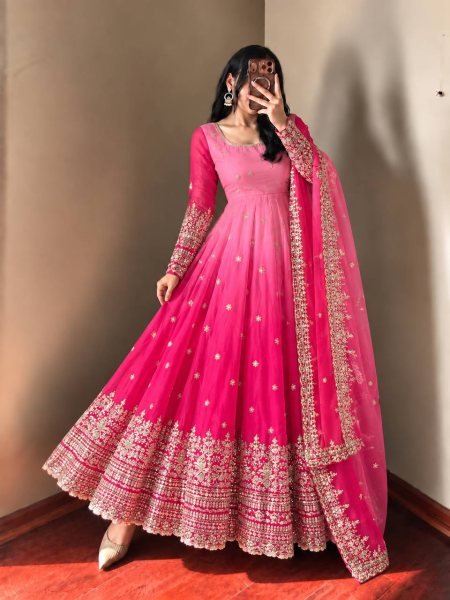Sophisticated Pink Georgette Embroidered Gown Pant Dupatta Set for Festival Ready To Wear Collection