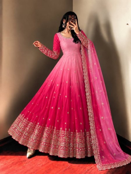 Sophisticated Pink Georgette Embroidered Gown Pant Dupatta Set for Festival Ready To Wear Collection