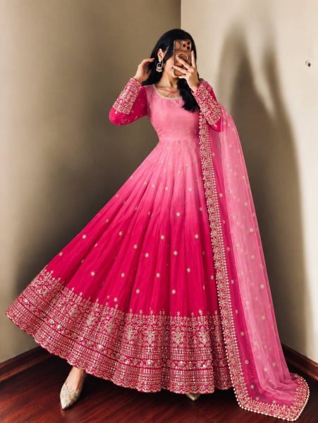 Sophisticated Pink Georgette Embroidered Gown Pant Dupatta Set for Festival Ready To Wear Collection
