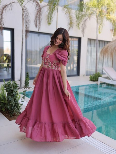 Sophisticated Pink Mal Chanderi Gown with Beads Embroidery for Festive Wear Kurtis