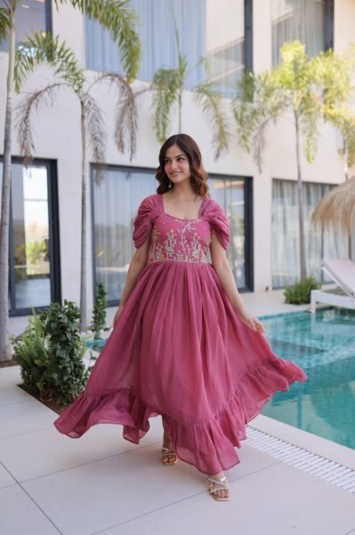Sophisticated Pink Mal Chanderi Gown with Beads Embroidery for Festive Wear Anarkali Kurtis 