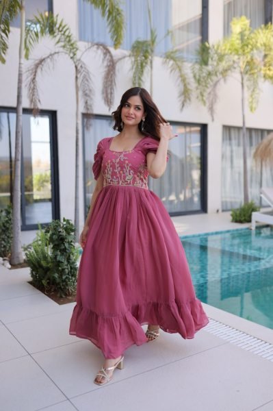 Sophisticated Pink Mal Chanderi Gown with Beads Embroidery for Festive Wear Anarkali Kurtis 