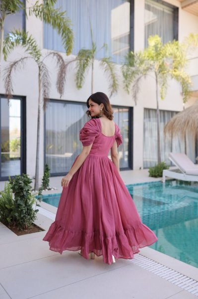 Sophisticated Pink Mal Chanderi Gown with Beads Embroidery for Festive Wear Anarkali Kurtis 