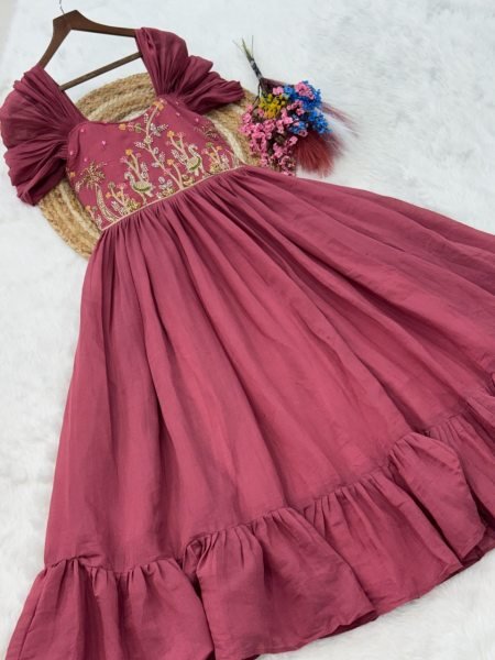 Sophisticated Pink Mal Chanderi Gown with Beads Embroidery for Festive Wear Anarkali Kurtis 