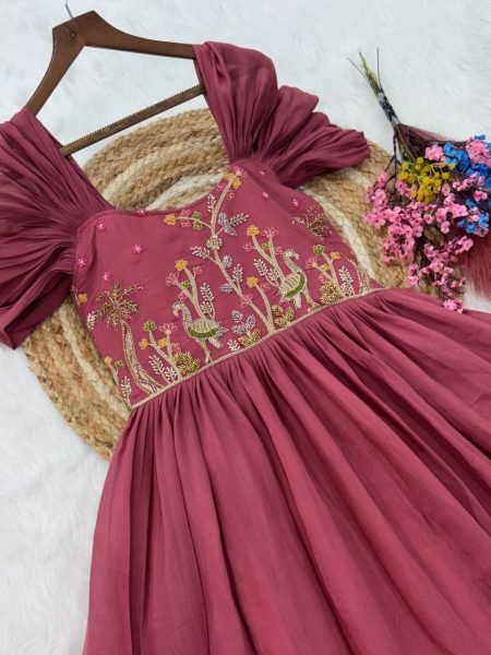 Sophisticated Pink Mal Chanderi Gown with Beads Embroidery for Festive Wear Anarkali Kurtis 