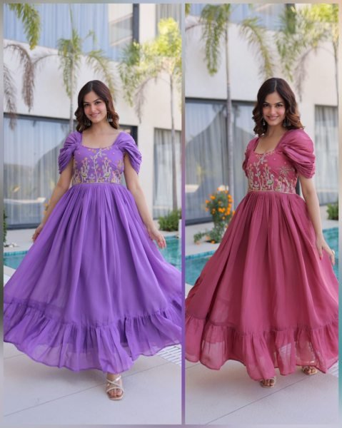 Sophisticated Pink Mal Chanderi Gown with Beads Embroidery for Festive Wear Anarkali Kurtis 