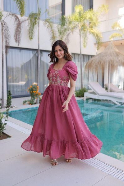 Sophisticated Pink Mal Chanderi Gown with Beads Embroidery for Festive Wear Anarkali Kurtis 