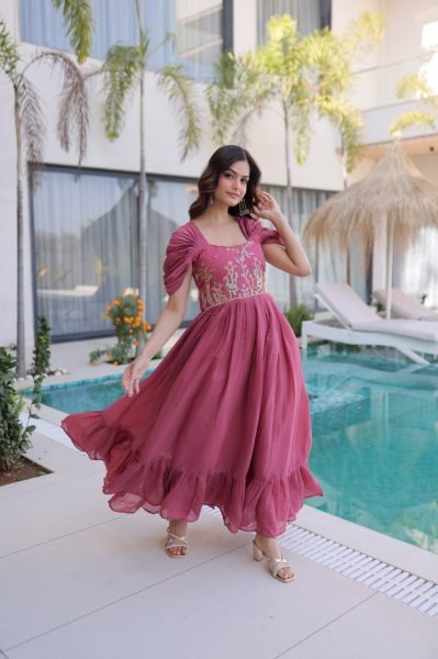Sophisticated Pink Mal Chanderi Gown with Beads Embroidery for Festive Wear Anarkali Kurtis 